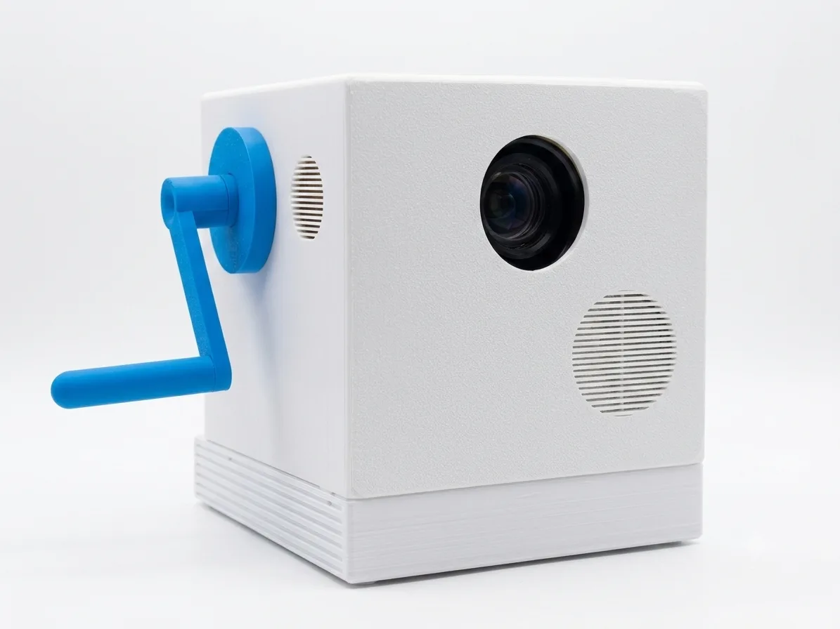 El proyector KreaPlay: una caja blanca con una manivela azul al lado para elegir el camino del cuento